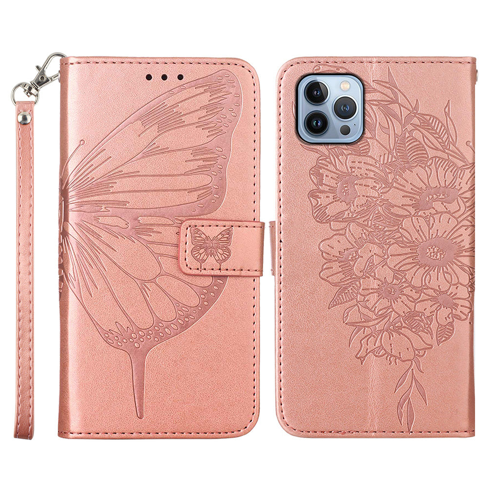 YB Imprinting Series-4 For iPhone 15 Pro Max Phone Leather Case Stand Wallet Butterfly Flower Imprinted Cover with Hand Strap YB Imprinting Series-4 For iPhone 15 Pro Max Phone Leather Case Stand Wallet Butterfly Flower Imprinted Cover with Hand Strap